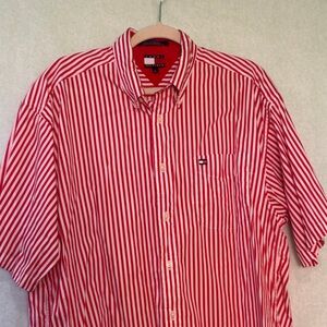 Tommy Hilfiger Men's Red and White Striped Shirt size large
